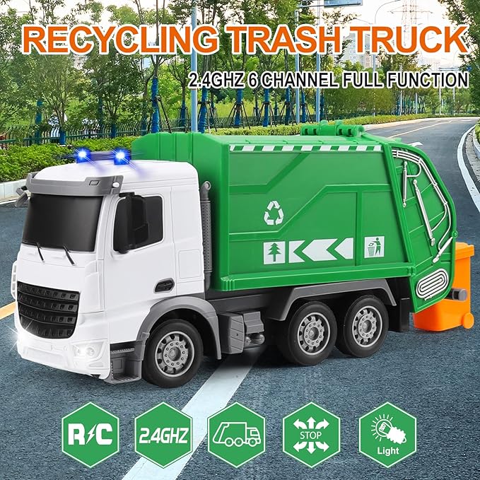 2.4Ghz Remote Control Garbage Truck Toy With Trash Bin and Real Lights - 1/24 Scale 6 Channel Rechargeable RC Recycling Truck Gift for Boys and Kids