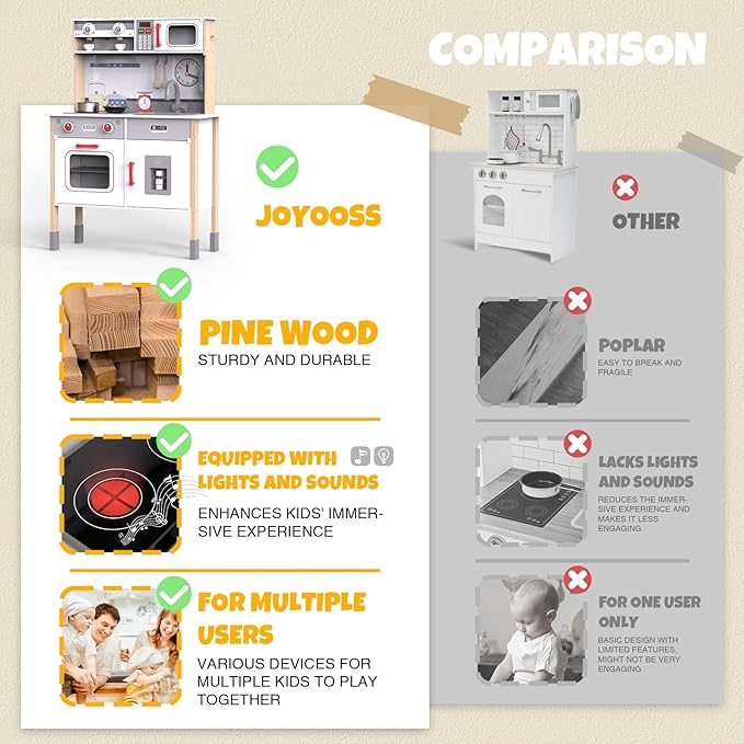 JOYOOSS Play Kitchen for Kids,Wooden Kids Kitchen Playset Toy Toddler Play Kitchen Set for Toddlers 3+ with Real Lights & Soundswith Cookware Accessories
