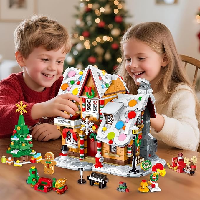 2025 Christmas 3 Style Gingerbread House Building Set with Light - 1477PCS Christmas Village Castle Building Block Toy with Santa Claus Xmas Tree Train for Adult Kids Girl Boy 6+