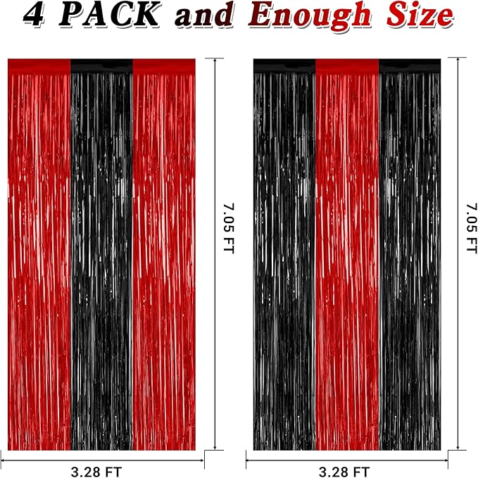 4 Pack Halloween Wall Backdrop, 3.28 FT x 7.05 FT Red and Black Party Streamer, Metallic Tinsel Curtains Fringe Backdrop Foil Streamer, Halloween Hanging Decor Casino Theme Party Decorations