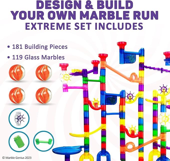 Marble Genius Marble Run - 300 Complete Pieces Maze Track Easter Toys for Adults, Teens, Toddlers & Kids Aged 4-8 Years Old, (181 Translucent Marbulous Pieces + 119 Glass-Marble Set), Extreme Set