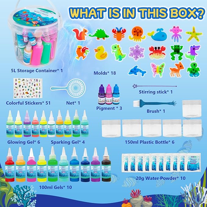 Make 200+ Water Animal, Magic Glow-in-The-Dark Gel Fairy Toy Kit, Aqua DIY Water Squishy kit with 18 Shape Molds,100ml Gels,10 Magic Powder,Birthday Gift, Arts Crafts STEM Kit for Kids