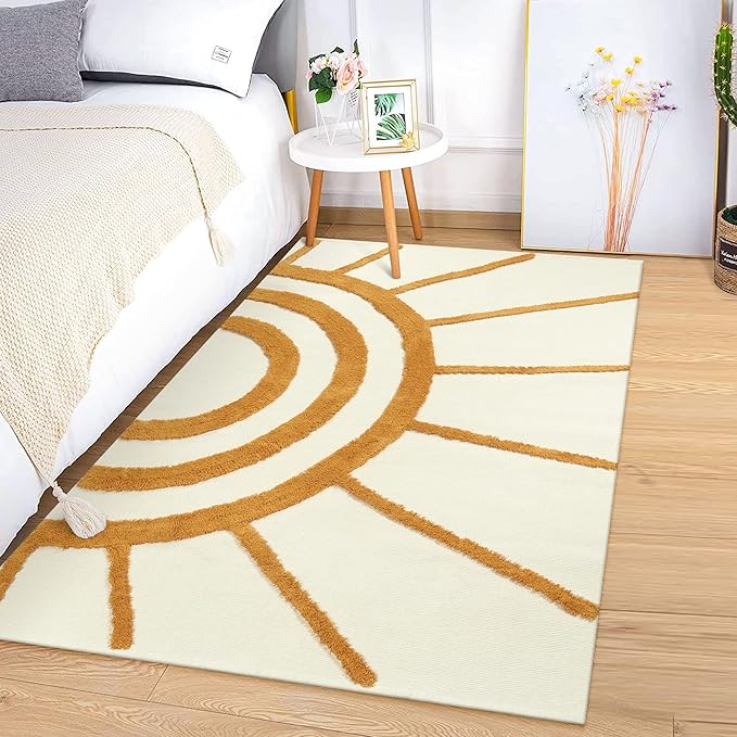 OJIA Boho Area Rug 4'x6', Tufted Living Room Rug Cotton Woven Machine Washable Rugs Beige Bedroom Rug, Farmhouse Tribal Floor Carpet Accent Rugs for Nursery Room/Dining Room