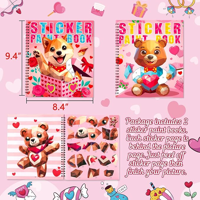 90shine 2PCS Valentines Crafts for Kids Sticker Books - Valentines Gifts Ages 4-8 Bear Dog Themed Design Create 22 Pictures