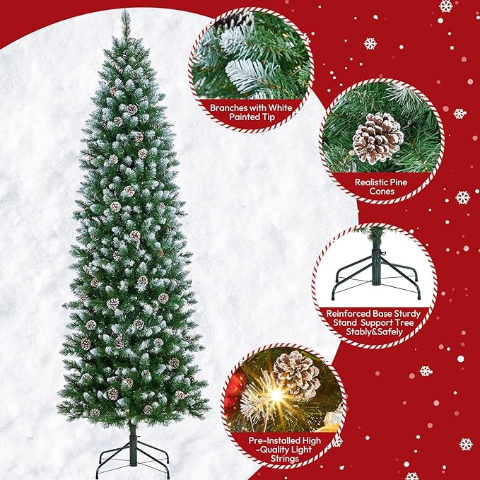 GAOMON Slim Artificial Christmas Tree, 7.5ft Pre-lit with 600 Warm White Lights, Pre-Decorated 84 Pine Cones & 900 Flocked Tips, for Home Office Party Decor (Xmas, New Years) Includes Metal Stand
