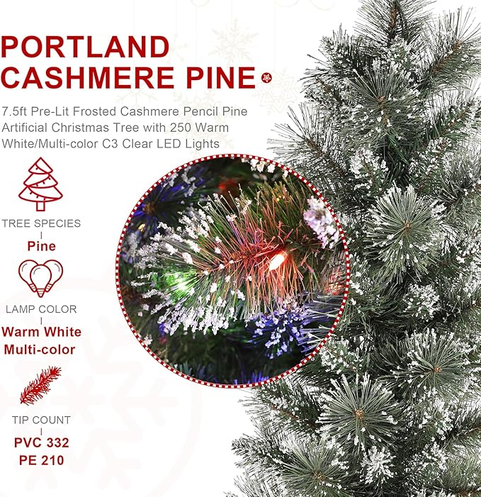 Glitzhome 7.5ft Prelit Christmas Tree, Artificial Christmas Tree, Hinged Pencil Christmas Trees Portland Cashmere Pine with 250 Warm White/Multi-Color Lights, 9 Function w/Remote Control