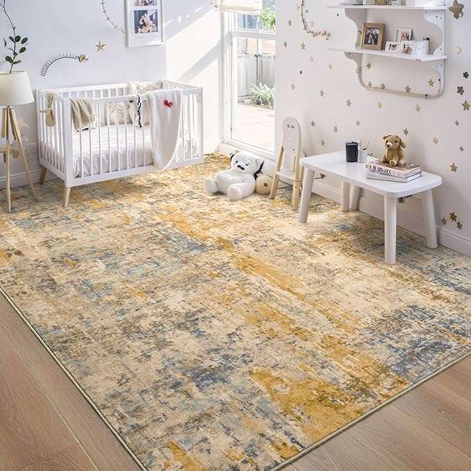 Ompaa Living Room Rug 6x9 Beige Area Rug Machine Washable Boho Rug Non Slip Abstract Vintage Indoor Large Rugs for Bedroom, Classroom, College Dorm, Farmhouse, Dining Room, Kids Playroom