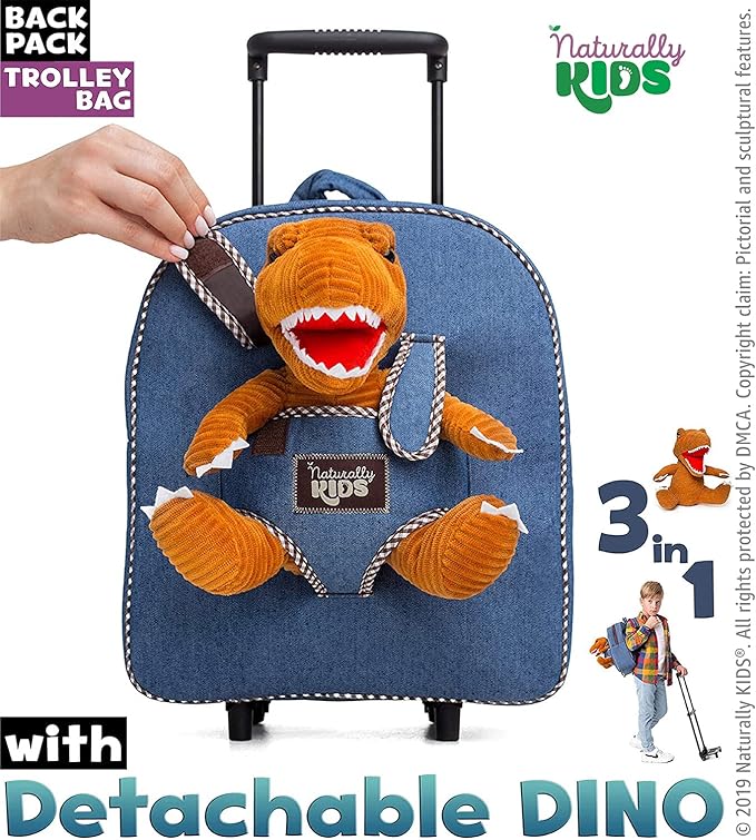 Toddler Luggage for Boys w Dinosaur Toys, Kids Rolling Backpack for Boys, Toddler Suitcase, Gifts for 3 4 5 6 Year Old