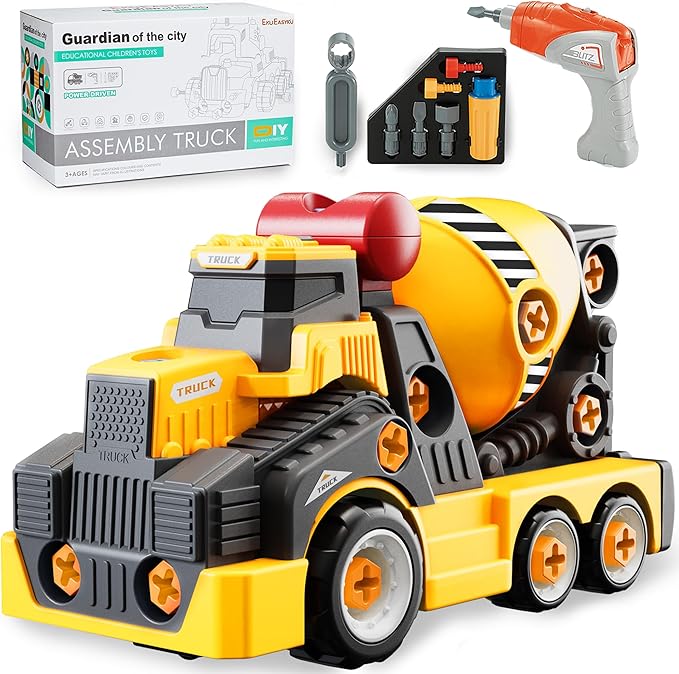 11inches Large Take Apart Cement Mixer Trucks Construction Toys for Boys Girls Kids 3-5 6-8 Year Old Electric Drill Set Assembly Building Toys