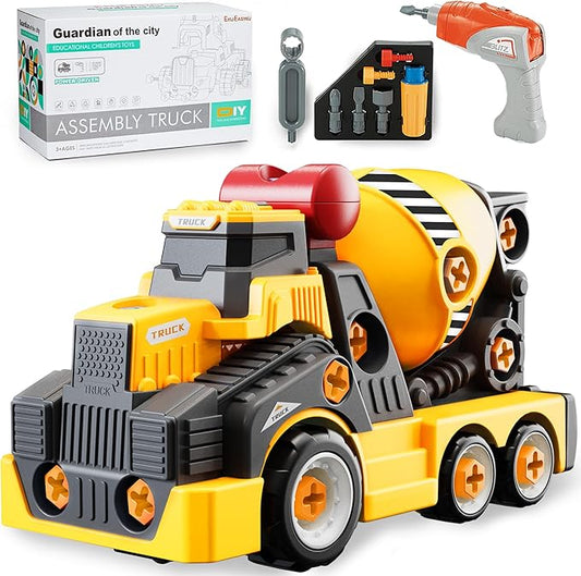 11inches Large Take Apart Cement Mixer Trucks Construction Toys for Boys Girls Kids 3-5 6-8 Year Old Electric Drill Set Assembly Building Toys