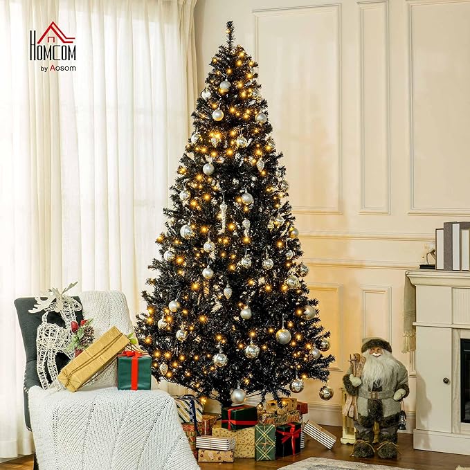 HOMCOM 7.5' Tall Prelit Christmas Tree Douglas Fir Artificial Christmas Tree with Realistic Branches, 500 Warm White LED Lights and 1346 Tips, Black