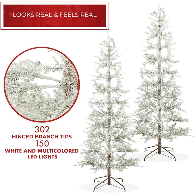 Casafield 6.5FT Pre-Lit Sparse Flocked Pine Artificial Holiday Christmas Tree, Warm White and Multicolored LED Lights with Sturdy Metal Stand