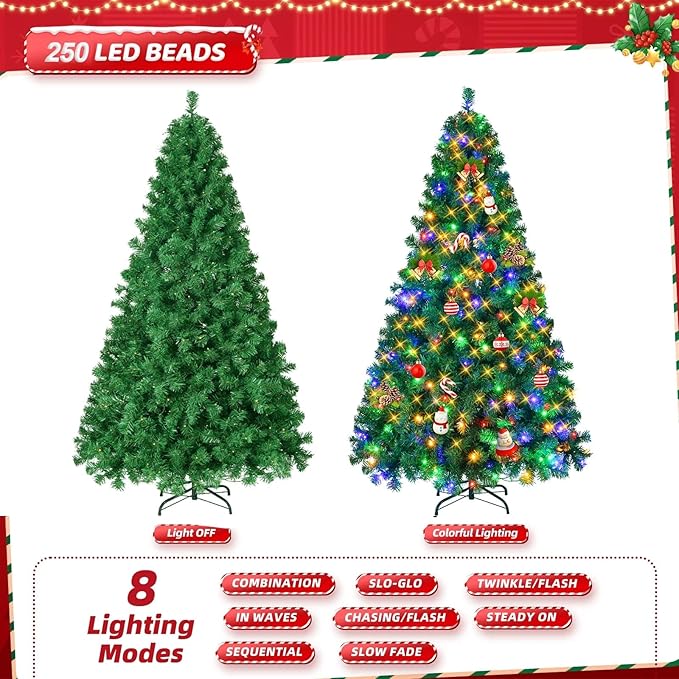 6ft Artificial Christmas Tree w/250 Multi-Color Lights & 8 Different Light Holiday Xmas Tree, Premium Hinged Spruce Xmas Tree w/1060 Branch Tips and Foldable Metal Stand for Home, Office, Party