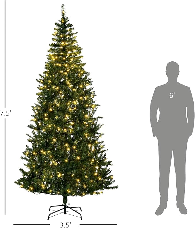 HOMCOM 7.5ft Tall Pre-lit Pine Artificial Christmas Tree with Realistic Branches, 450 Warm White LED Lights and 1146 Tips