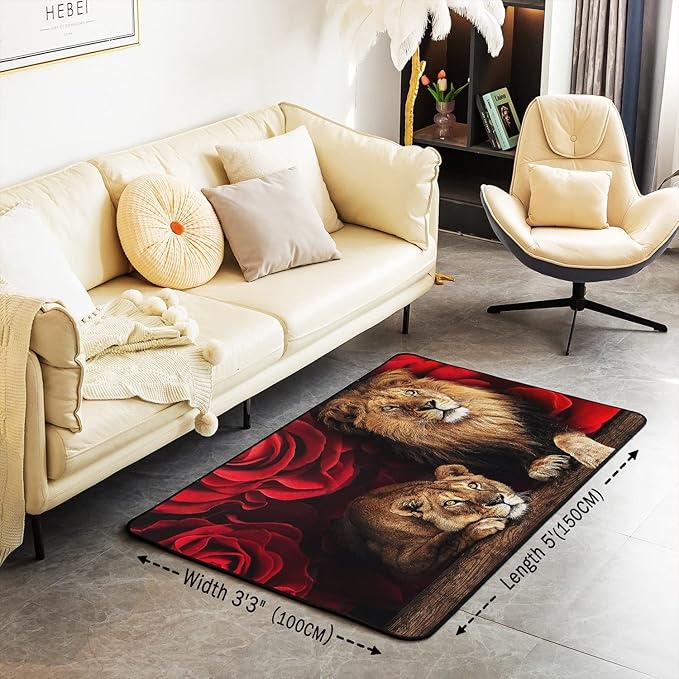 Erosebridal Rose Flower Area Rug 3x5, Animal Lion Print Rug for Kids Teen Boys Girls, Floral Non Shedding Carpet for Bedroom, Modern Style Living Room Rugs