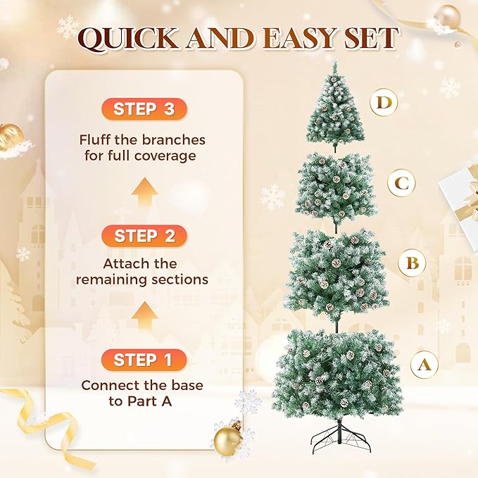 HOLLO STAR 9 ft Prelit Christmas Tree with 500 LED Lights, App Control, Slim Pencil Christmas Tree, Multi-Color RGBW Lights, 1426 Flocked Frosted Tips, Xmas Tree, 95 Pine Cones, for Home, Party