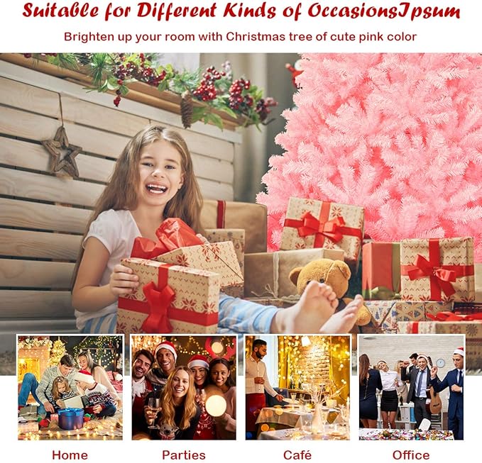 GOFLAME 7.5 ft Pink Artificial Christmas Tree, Hinged Spruce Full Tree w/Foldable Metal Stand, Cherry Blossom Color, 1036 Tips Christmas Tree for Home Office Party Decoration, Easy Assembly