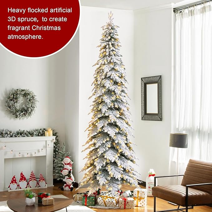 Glitzhome 11ft Prelit Christmas Tree, Artificial Christmas Tree with 700 Warm White Lights, Flocked Pencil Tree Chicago Frostwood Spruce Xmas Tree w/2890 PE&PVC Branch Tips and Sturdy Metal Stand
