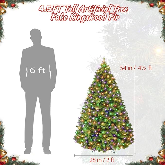 4.5FT Prelit Fluffy Noble Fir Artificial Christmas Tree with 200 Multicolor Lights& 9 Modes, Hinged Branches& 700 Tips, Artificial Christmas Tree Includes Stand with Foot Switch for Holiday Home Decor