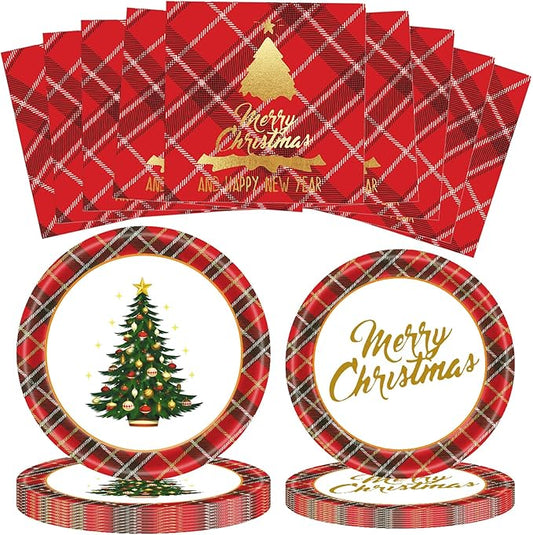 72 Pcs Christmas Plates Disposable Party Set Red Black Plaid Christmas Tree Holiday Paper Plates and Napkins for Chirstmas Party Table Decorations