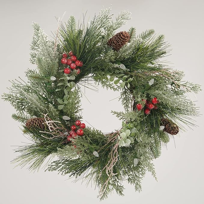 Pre-lit Christmas Wreath for Front Door, Snow Branches, 22 Inch Battery Operated 50 LED Lights, Decorations for Indoor & Outdoor Green