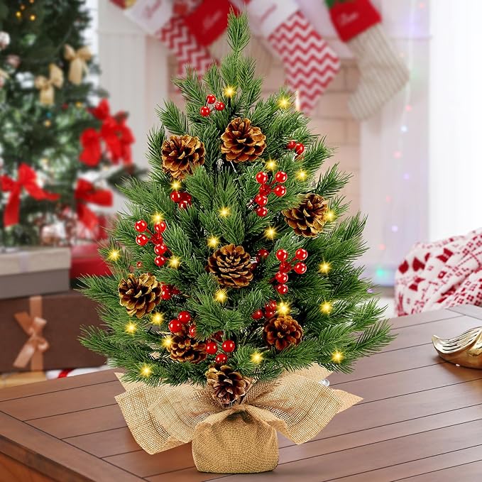 [ 8 Modes & Timer] 24 Inch Realistic Tabletop Christmas Tree Small Christmas Tree with 50 Warm Lights Battery Operated Red Berries Pine Cone Burlap Base Indoor Home Table Christmas Decorations