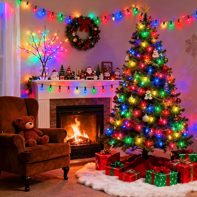 50FT C7 Multicolor Christmas Lights Outdoor, Vintage Christmas Light Green Wire with 55 Clear Multicolored Bulbs (5 Spare), Outdoor String Lights for Xmas Tree Home Yard Wedding Party Decorations