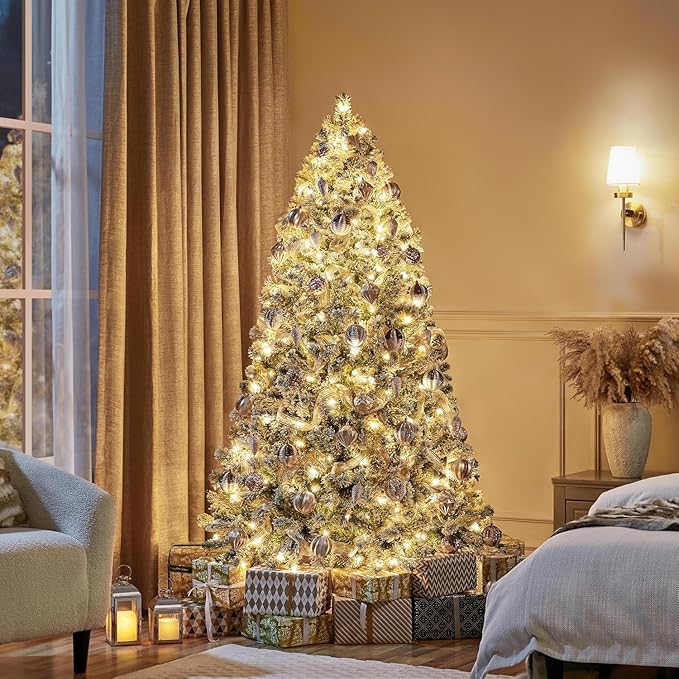 6FT Prelit Fluffy Snow Flocked Fraser Fir Artificial Christmas Tree with Warm White Lights, Hinged Branches, 800 Tips, Artificial Christmas Tree Include Metal Stand for Holiday Home Decor