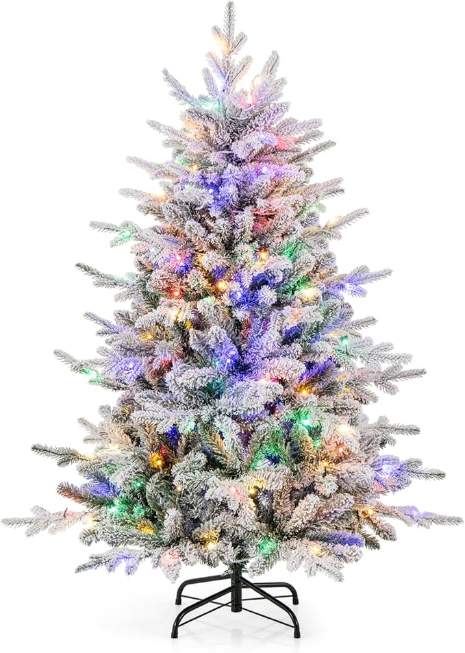 GOFLAME 4.5ft Pre-Lit Christmas Tree Snow Flocked, Hinged Artificial Xmas Tree with 436 Branch Tips, 160 Multi-Color LED Lights, 8 Lighting Modes, Holiday Decoration Tree for Home Office Party