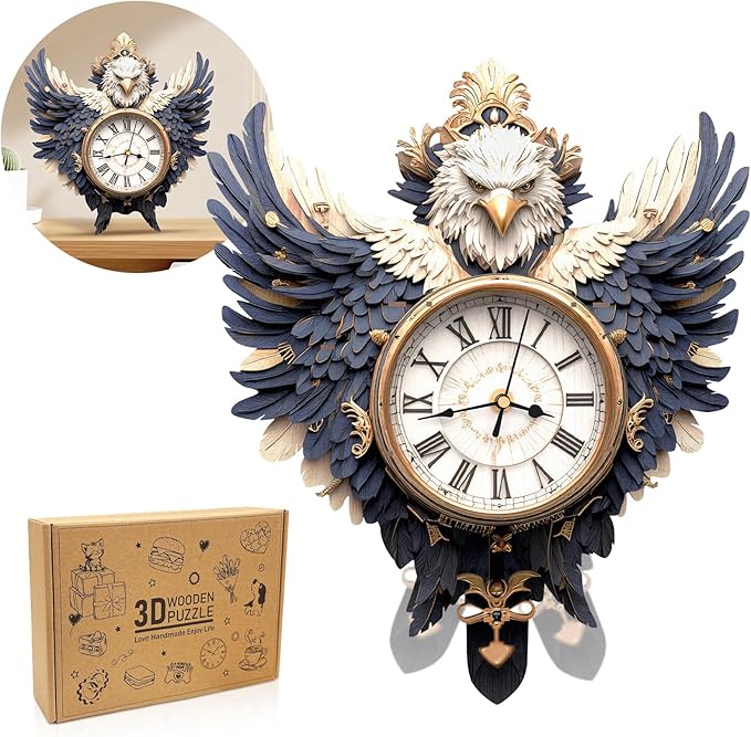 3D Puzzles for Adults Clock-Eagle Design Model Kit-Mechanical DIY Pendulum Clock with Roman Numerals-Desk Home Office Decor Personalized Gift for DIY Lovers