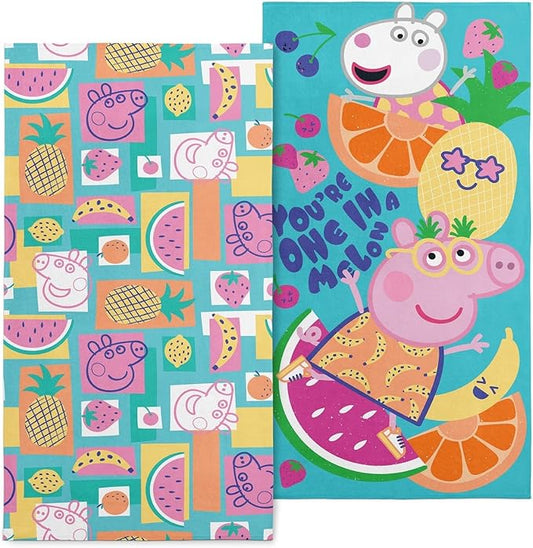 NORTHWEST Peppa Pig Beach Towel Set, 2-Pack Oversized - Soft, Fast-Drying, Sand-Free Pool Towels with Fruit Salad & One in a Melon Designs 30" x 60"