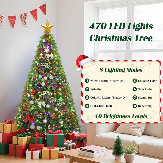 9ft Prelit Rotating Artificial Christmas Tree with Remote Timer & Dimmer, 600 Multi-Color LED Lights 2512 PE & PVC Branches for Holiday Decor