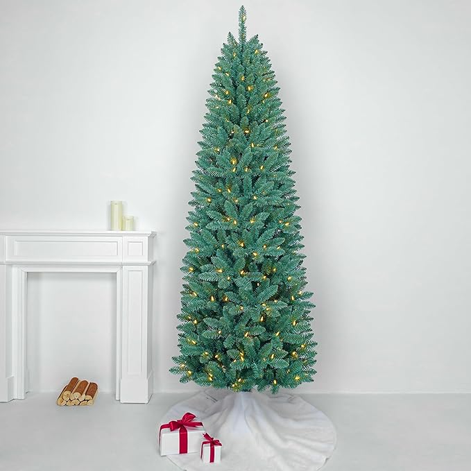 7.5FT Prelit Slim Artificial Christmas Tree with 843 Branch Tips, 250 Dual-Color LED Lights and Metal Stand, Realistic Skinny Pencil Blue Spruce Tree with Multi-Function Lights