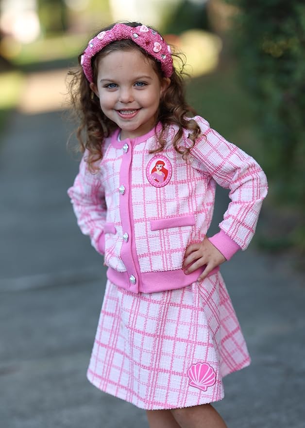 Disney Frozen Elsa Stitch Princess Moana Minnie Toddler Girl 2 Piece Outfit Kid Pearl Button Knit Top & Tweed Skirt Set 2-13Y