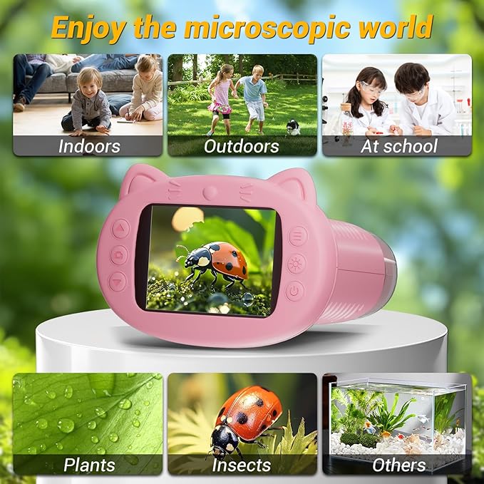 2.4" Screen Pocket Kids Microscope: 1000X Handheld Microscope for Photo and Video - Portable Science Kits STEM Toys – Christmas/Birthday Gifts for Girls & Boys Ages 3-12(Pink)