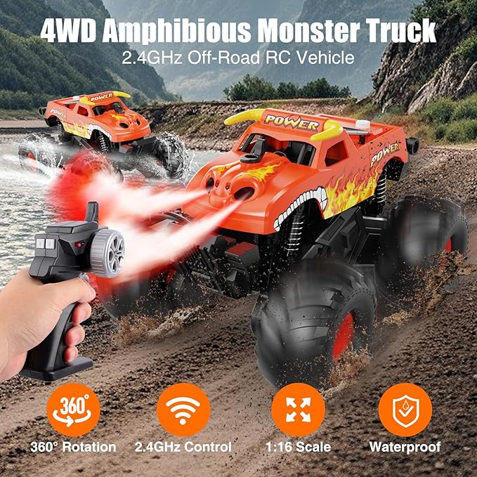 Waterproof RC Cars - 1:16 Monster Remote Control Truck, Christmas Birthday Gifts for Boys 8-12, 4WD All Terrain Off-Road RC Truck, Amphibious Pickup Toys for 8 9 10 11 12 Year Old, Orange