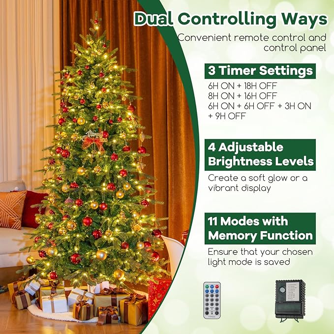 Goplus 7.5ft Pre-Lit Artificial Christmas Tree, Hinged Xmas Tree with 1162 PVC & PE Tips, 380 Multicolored & Warm White LED Lights, 11 Modes, Remote Control, Metal Stand, Home Office Decoration