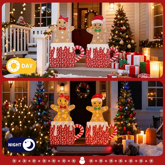 2D Light Up Gingerbread Man Christmas Decorations, 42 Inch Lighted Christmas Outdoor Decorations Yard with 160L, 2Pcs Gingerbread Man Couple Xmas Festive Holiday Front Garden Patio Yard Lawn Display