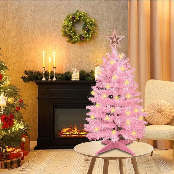 3 Ft Pink Christmas Tree with Lights, Timer 8 Modes 50 Warm White Lights Battery Operated Small Artifical Full Christmas Tree for Tabletop Home Office Indoor Outdoor Xmas Holiday Party Decorations