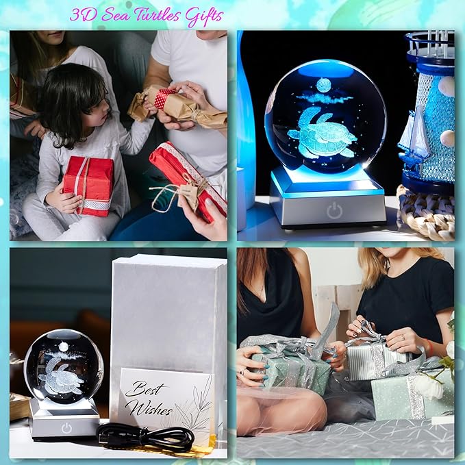 Ornalrist Sea Turtle Gifts for Women Men, 3D Sea Turtle Crystal Ball with Colorful LED Light Base, Sea Turtle Crystal Snow Ball for Turtle Lovers, Sea Turtle Figurines Home Decor