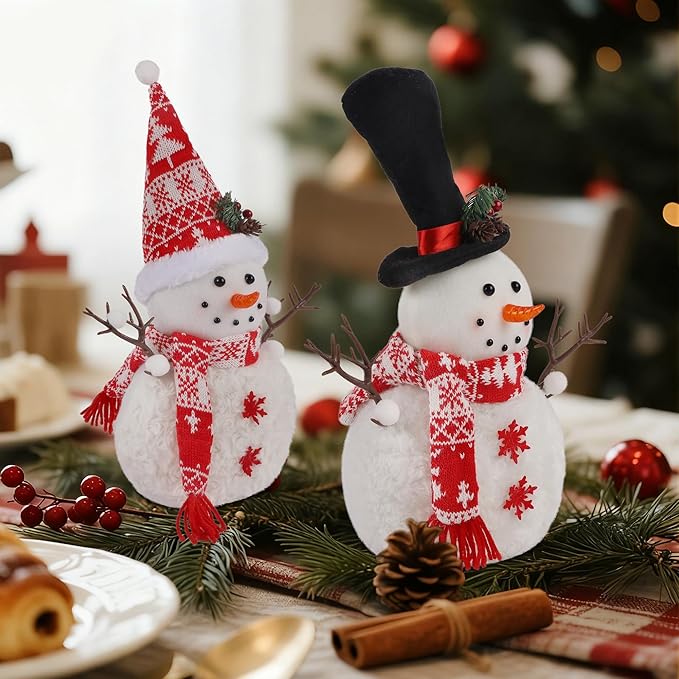 2 Pack 16 Inch Christmas Plush Snowman Doll Tabletop Decorations, Christmas Snowman Ornaments for Home Kitchen Xmas Holiday Party Decor