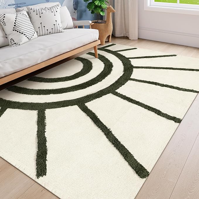 OJIA Washable 5'x8' Area Rugs, Green Tufted Sun Rug Living Room Rugs, Cotton Boho Bedroom Rug Farmhouse Nursery Rug Bohemian Floor Carpet for Playroom/Nursery/Classroom/Kids Room
