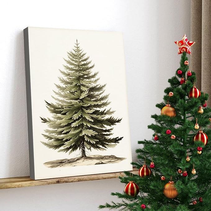 AbcCustomize Vintage Christmas Tree Canvas Wall Art, Botanical Pine Tree Print Poster, Rustic Holiday Canvas Wall Art for Christmas Decorations, Gifts and Winter Decor, Ready to Hang