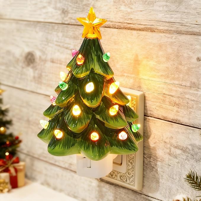 Christmas Decorations, Ceramic Christmas Tree Night Light, 1 Pack Vintage Christmas Decorative Night Light with ON/Off Switch, Holiday Decor Indoor for Bedroom & Hallway