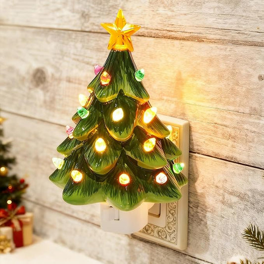 Christmas Decorations, Ceramic Christmas Tree Night Light, 1 Pack Vintage Christmas Decorative Night Light with ON/Off Switch, Holiday Decor Indoor for Bedroom & Hallway