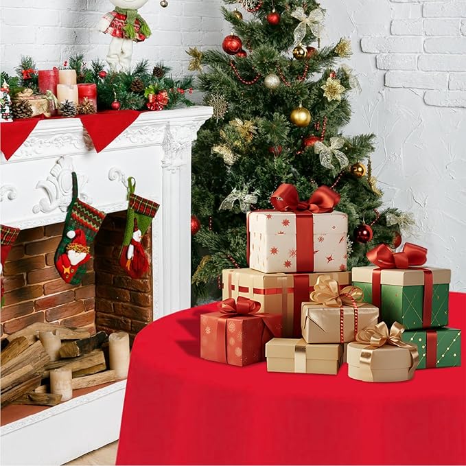 12 Pack Christmas Round Tablecloths, 84 Inch Disposable Plastic Table Covers for Xmas Party Decoration, Red White Green Waterproof Circle Table Cloth Bulk for New Year Wedding Family Gathering Banquet