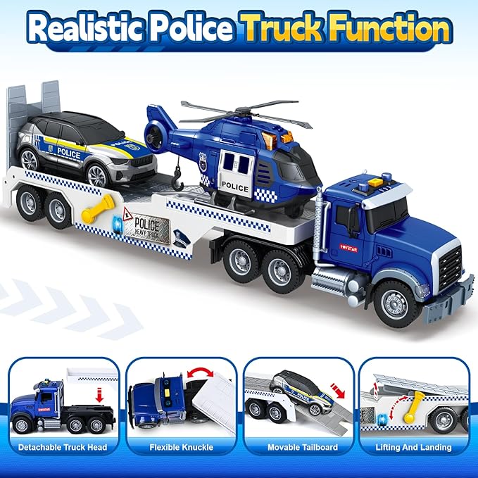 SpringFlower 21" Semi Truck Toy, 3 4 5 6 Year Old Boys Toddlers Police Truck Toy with Racing Car and Helicopter, 3 in 1 Police Car Toy, Birthday Gifts for Kids Child 3 4 5 6 Years Old