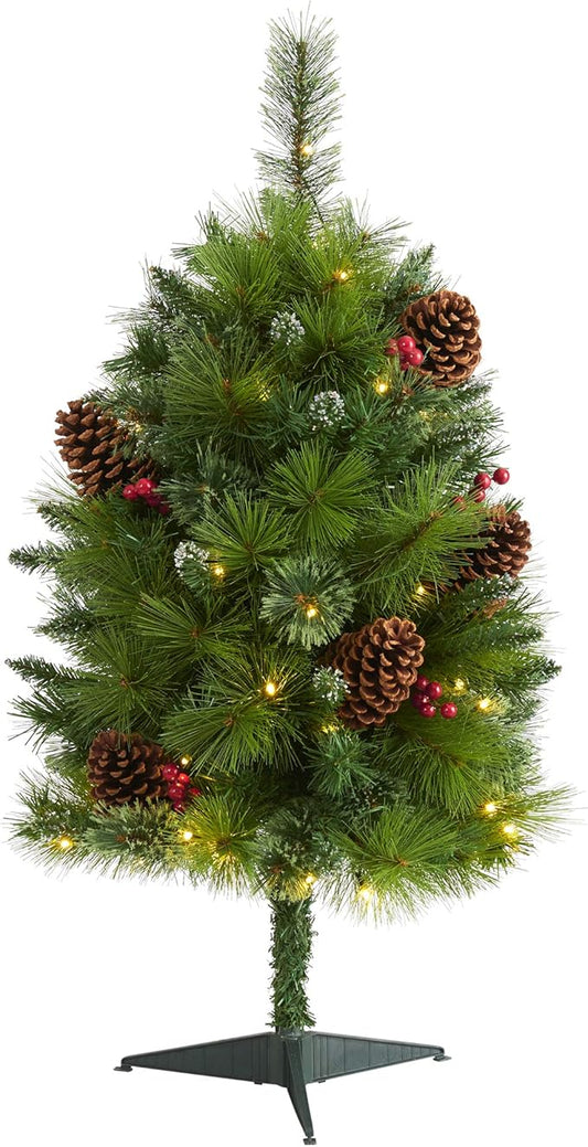 Nearly Natural 3ft. Montana Mixed Pine Artificial Christmas Tree with Pine Cones, Berries and 50 Clear LED Lights