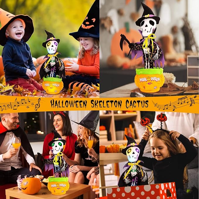 Emoin Halloween Skeleton Dancing Cactus Mimicking Toy, Talking Skull Cactus Toy Repeats What You Say,Singing Glowing Halloween Indoor&Outdoor Decorations