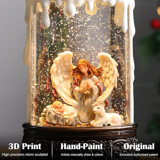 Nativity Snow Globe Candle Christmas Decorations Gifts Auto Snowfall Glitter Music Collection Angel Nativity Scene with 6H Timer USB/Battery Powered 9.7 inch
